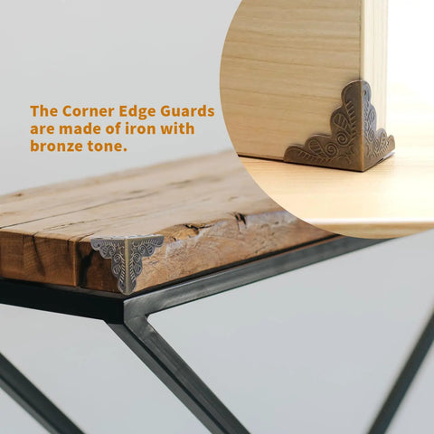Close-up of Heavy Duty Antique Corner Protectors 48 Pack Vintage Bronze Furniture Edge Guards on wooden table edges.