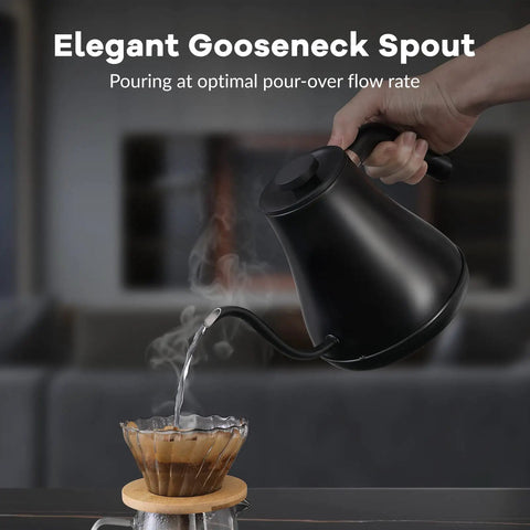 Gooseneck Electric Kettle With One Degree Fahrenheit Precision Temperature Control 100 To 212 F 1200W Fast Heat Up 0.8L Auto Shut Off pouring water into coffee dripper