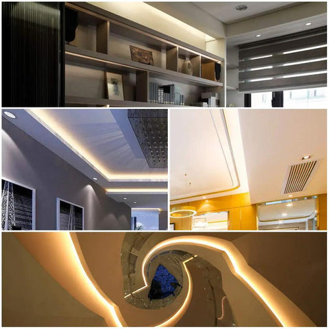 LED strip lighting in various home settings using 10 Pack 2 Pin Solderless LED Strip Connectors For 8mm Wide 3528 2835 Single Color Flex Strips