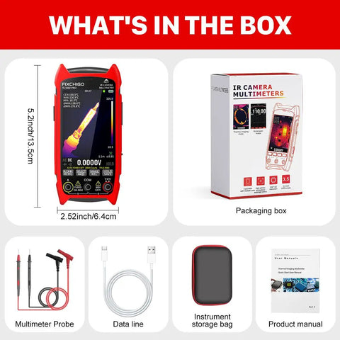 2 In 1 Thermal Imaging And Multimeter Camera With 256x192 Infrared Sensor, accessories including probes and manual