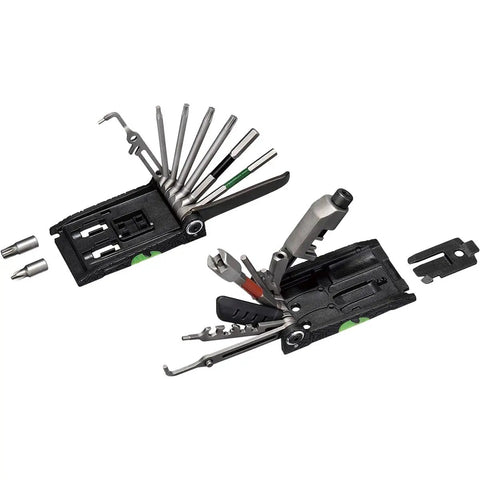 Open view of All In One 34 Function Folding Bike Repair Tool with master link pliers, knife, and drivers, unfolded on white background.