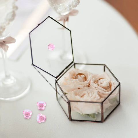 Mini Acrylic Pull Knobs 24 Pack Diamond Shaped Self Stick No Drilling Pink DIY Friendly Decorative Handles For Closet Dresser Boxes Gift Cases And Small Furniture Crystal Clear Hardware shown with roses in a transparent box