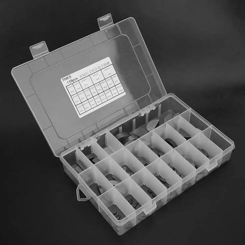 Clear box with compartments showing 135 Piece Gear Keyway Assortment Set for Flywheels Pulleys Cranks and More, organized for easy use.