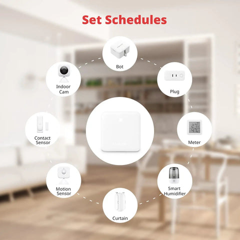 Diagram showing Mini Smart Remote Hub With IR Blaster for TV and Air Conditioner 2.4GHz Wi-Fi compatible smart home devices setup.