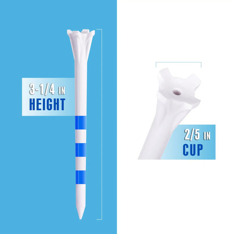 Plastic Golf Tees 170 Pack With Three Line Marking System Two Sizes 3-1/4 Inch And 1-1/2 Inch Low Friction Prongs shown up close
