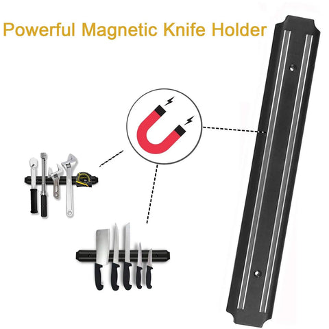 Fifteen Inch Magnetic Knife Storage Strips Set Of Two for Kitchen Organization with knives and tools attached, wall-mounted