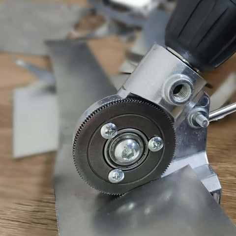 Close-up of Pro Grade Electric Drill Plate Cutter for metal sheets with adapter, cutting iron metal sheet