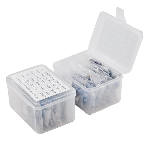Carbon film resistor assortment kit in two clear plastic boxes with 0.68Ω–1MΩ values.