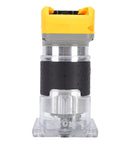 Front view of a Cordless Wood Router with 800W Brushless Motor, 5 Speed Settings from 3,000 to 30,000 RPM; yellow and black design.