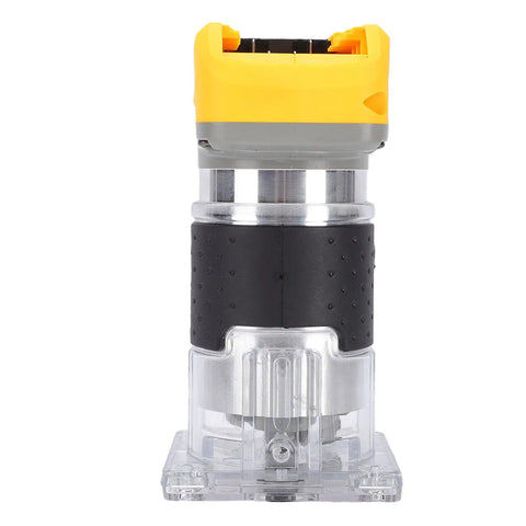 Front view of a Cordless Wood Router with 800W Brushless Motor, 5 Speed Settings from 3,000 to 30,000 RPM; yellow and black design.