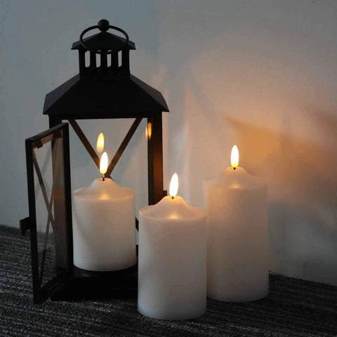 Flickering Flameless LED Candles With Remote Control And Timer, Waterproof Battery-Powered Pillar Candles in lantern setup