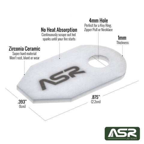 Ceramic Striker Ferro Rod Fire Starter Kit With Zirconia Stone includes white zirconia ceramic striker with dimensions and logo.