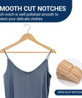 Straight Up Premium Quality Natural Wooden Coat Hangers Thirty Pack Flat Profile Wood Suit Hangers For Suits Jeans Coats And Dresses Anti Rust Metal Hooks Closet Flex with smooth cut notches holding a delicate dress.