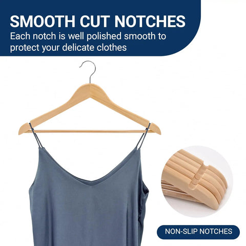 Straight Up Premium Quality Natural Wooden Coat Hangers Thirty Pack Flat Profile Wood Suit Hangers For Suits Jeans Coats And Dresses Anti Rust Metal Hooks Closet Flex with smooth cut notches holding a delicate dress.