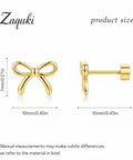 Gold Bow Stud Earrings For Women Titanium Flat Back Screw Back Hypoallergenic Nickel Free Lightweight showing size 7mm and 10mm.