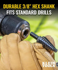 Step Drill Bit Set With Double Flutes For Clean Cuts And Easy Read Markings, 1/4 To 3/4 Inch, 3/8 Inch Hex Shank shown with drill