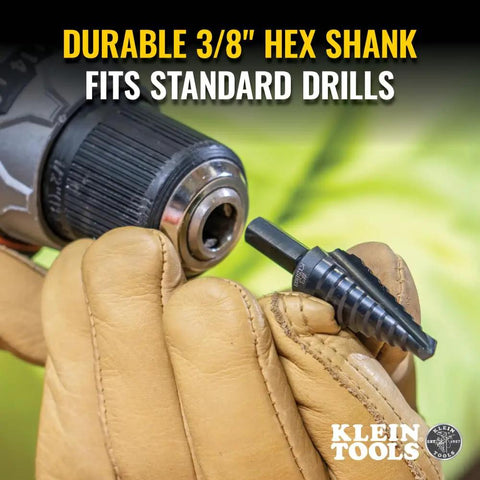 Step Drill Bit Set With Double Flutes For Clean Cuts And Easy Read Markings, 1/4 To 3/4 Inch, 3/8 Inch Hex Shank shown with drill