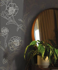 Noir And Metallic Gold Peonies Removable Peel And Stick Floral Wallpaper For Walls, Self-Adhesive, Slate Gray Backdrop, Mirror Reflection
