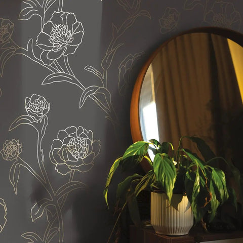 Noir And Metallic Gold Peonies Removable Peel And Stick Floral Wallpaper For Walls, Self-Adhesive, Slate Gray Backdrop, Mirror Reflection