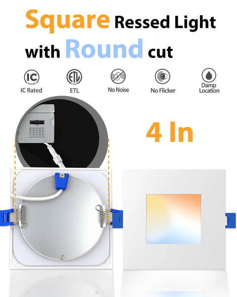 Adetu 4 inch Square Led Recessed Lighting, Ultra Thin Ceiling Light, 4 Pack with round cut design and installation features.