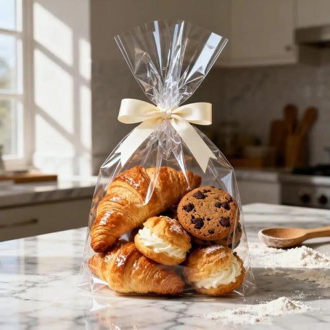 Flat Bottom Cellophane Bags 7x3x12 Inches Clear Treat Bags For Cookies, 100 Pieces With Twist Ties holding pastries