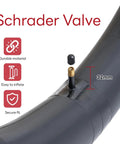 Close-up of self-sealing and self-healing 20x4.0-4.5 fat bike inner tube with AV32mm Schrader valve showing material and features.