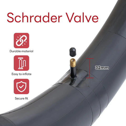Close-up of self-sealing and self-healing 20x4.0-4.5 fat bike inner tube with AV32mm Schrader valve showing material and features.