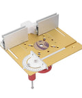 Precision Router Table Lift System Height Adjustment Base With Insert Plate And Sliding Ruler Hella Tough Aluminum Build, top view.
