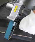 Air Powered Handheld Belt Sander With Stepless Speed Control. Features a blue zirconia belt for grinding wood and metal.