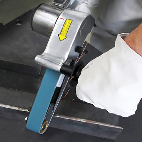 Air Powered Handheld Belt Sander With Stepless Speed Control. Features a blue zirconia belt for grinding wood and metal.