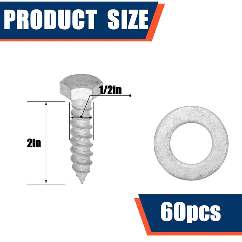 60 Pack Half Inch By Two Inch Lag Bolts And Washers Kit Hot Dip Galvanized Hex Lag Bolts For Heavy Duty Wood Decks And Fences Includes Washers