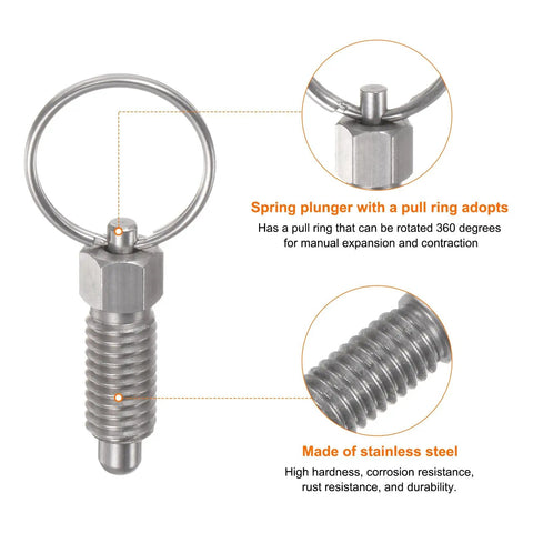 Killer Heavy Duty Stainless Steel Spring Plunger 2 Piece Pack With M10x1.5 Threads And Solid 6mm Round Pins, featuring 360-degree pull ring.