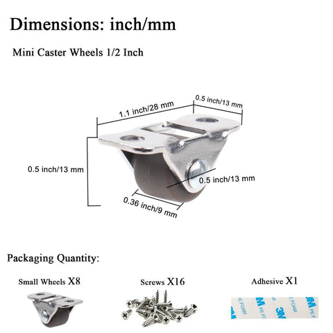 Mini Fixed Caster Wheels Half Inch Low Profile Plate Non Swivel 8 Pack for lightweight furniture and appliances