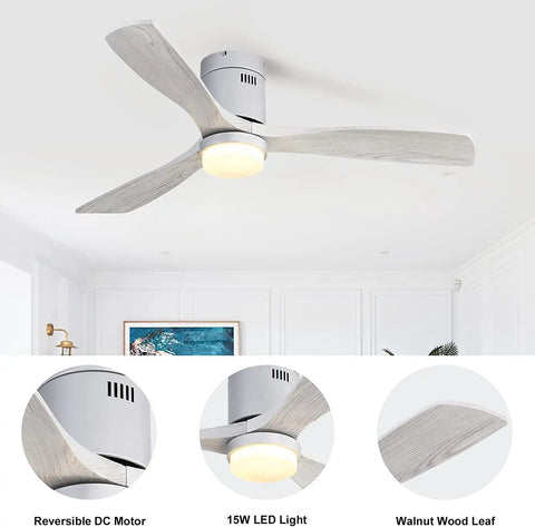 Super Quiet 52 Inch Ceiling Fan With Lights And Remote, low profile flush mount wood fan with 3 walnut blades, in a modern room.