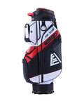 Badass White Golf Cart Bag Featuring T Lock Quiet Top Technology, 14 way dividers, and durable material for golfers.