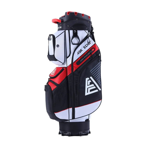 Badass White Golf Cart Bag Featuring T Lock Quiet Top Technology, 14 way dividers, and durable material for golfers.