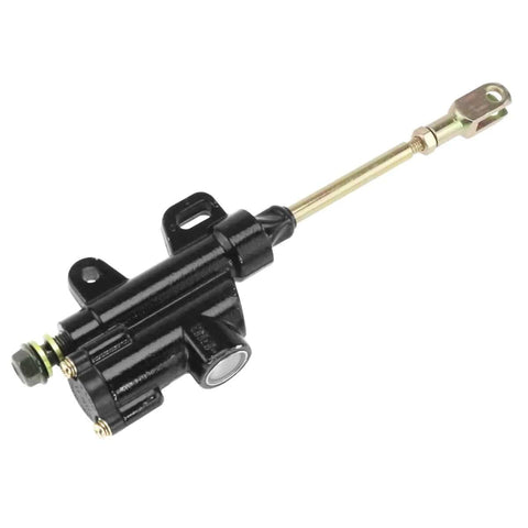10mm Banjo Rear Hydraulic Foot Brake Master Cylinder for Dirt Bikes and ATVs, black, aluminum construction, side view.