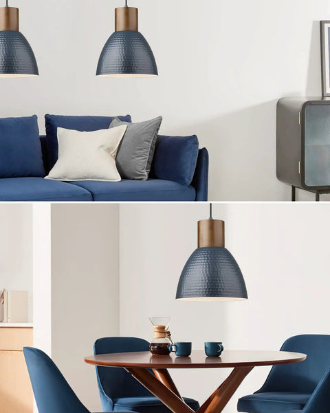 Hammered Pendant Light For Kitchen Island With 10.2 Inch Wide Solid Wood Bar Lamp Dope Industrial Pendant Lighting For Dining Room Bedroom Bar Office Modern Blue FSC Certified Wood