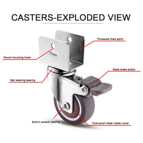 No Hassle 2 Inch TPE Rubber Caster Wheels With Quiet Swivel Casters And Secure Safety Brakes Rock Solid U Bracket detail view