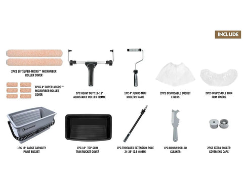 Pro Grade 20 Piece Paint Roller Set With Adjustable Frame And Extension Pole Jumbo Mini Roller includes microfiber covers and paint trays.