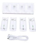 4 In 1 Remote Controller Docking Station With 4 Pack 2800mAh Rechargeable Batteries Portable Charger Stand For Game Controllers Keeps Your Gear Juiced Quick USB Charging For Xbox PlayStation Switch And More, showing charger station, batteries, and USB cable