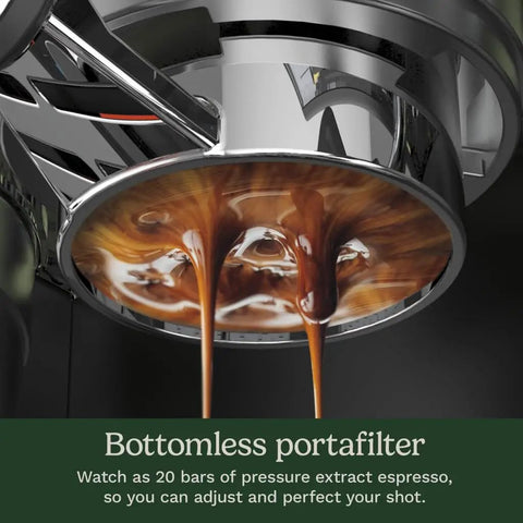 Professional Grade Home Espresso Maker Featuring Solid Twenty Bar Pressure And A Stainless Steel Bottomless Portafilter extracting espresso.