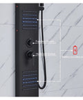 RIBEUJIZS Digital Shower System, Matte Black LED Shower Panel showing function switches on a wall-mounted tower.