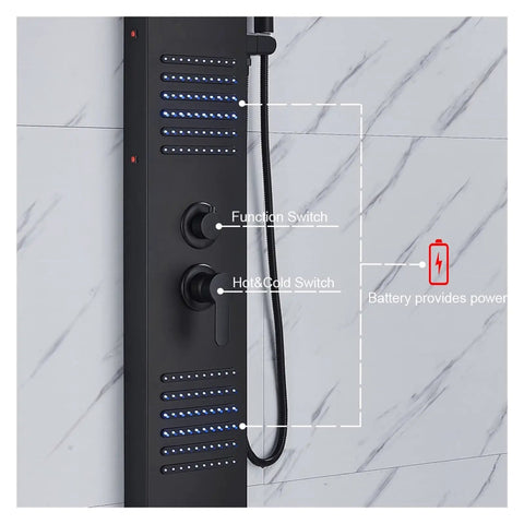 RIBEUJIZS Digital Shower System, Matte Black LED Shower Panel showing function switches on a wall-mounted tower.