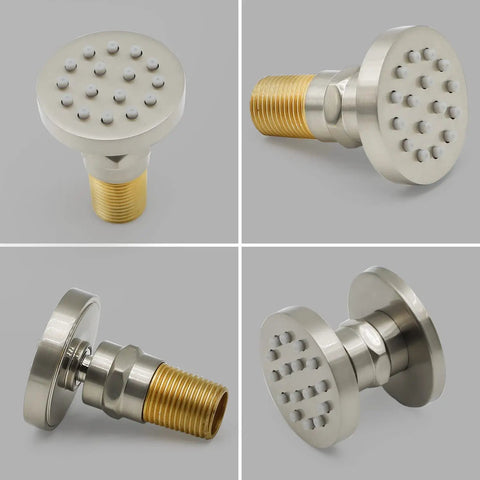 Close-up of Six Pack Round Brass Shower Body Spray Jets With Brushed Nickel Finish, showing adjustable nozzles and NPT connection.