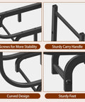Close-up of 48-inch curved firewood rack features: screws, carry handle, curved design, and sturdy feet for stability.