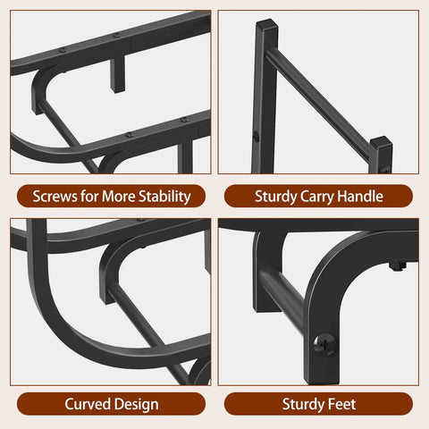 Close-up of 48-inch curved firewood rack features: screws, carry handle, curved design, and sturdy feet for stability.