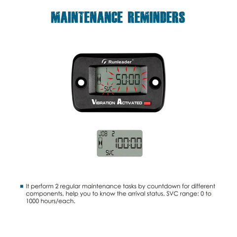 Digital Vibration Hour Meter For Gear Maintenance With Built In Sensor No Wiring Needed 3 Adjustable Sensitivities Low Medium High Easy To Track Run Time And Calibrate Hours On Your Gear, black digital display with service reminder