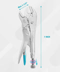 7 Inch Locking Pliers With Curved Jaw And Wire Cutter, Premium Cr-V Steel, shown in front view with adjustable screw