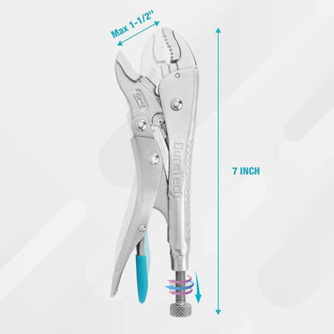7 Inch Locking Pliers With Curved Jaw And Wire Cutter, Premium Cr-V Steel, shown in front view with adjustable screw